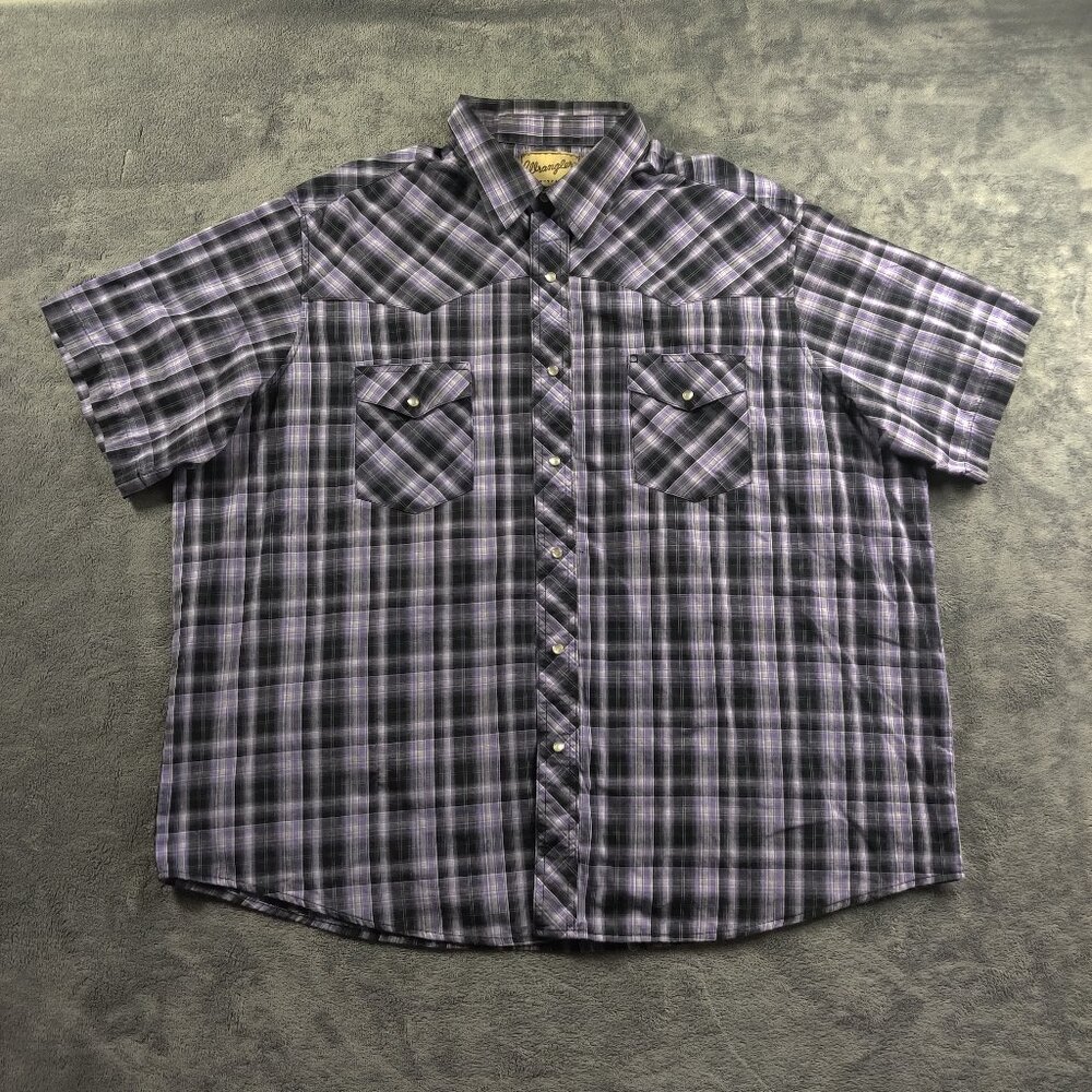 Wrangler Shirt Mens 2XL XXL Purple Black Plaid Short Sleeve Pearl Snap Button Up